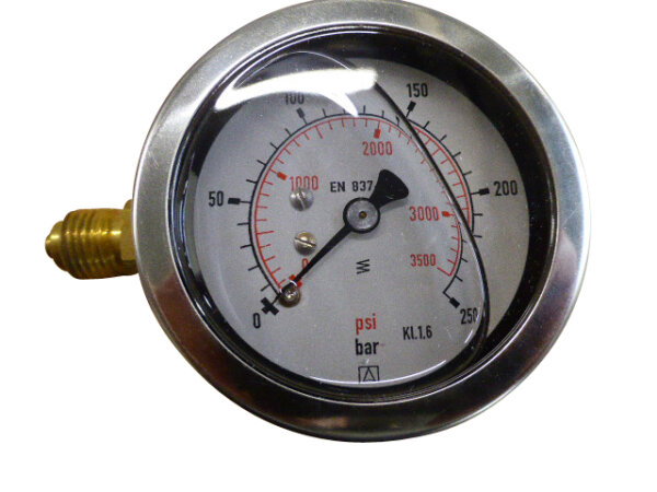 Rohrfeder-Glyzerinmanometer Gehäusedurchmesser: 63 mm Anschluss 1/4 seitlich 9 Uhr 0-250 bar, Skala rot/schwarz 22130030 - PROBST Ersatzteile