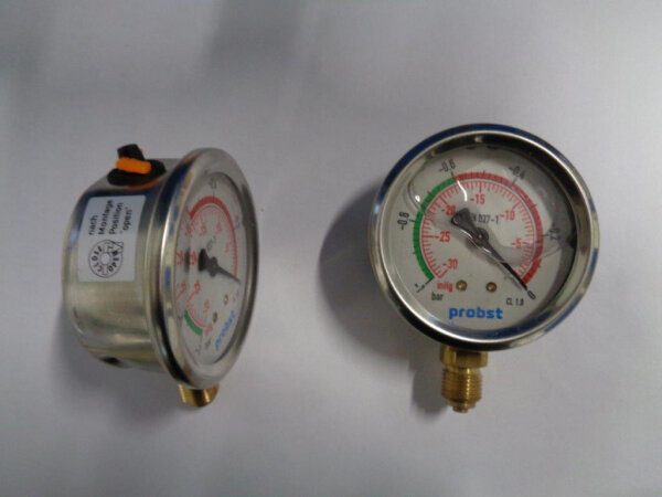 Manometer glyzeringefüllt, Skala grün/rot, Grenze -0,6 bar, NG 63 R, G1/4, -1/0 bar, Anschluss seitlich 22130005 - PROBST Ersatzteile